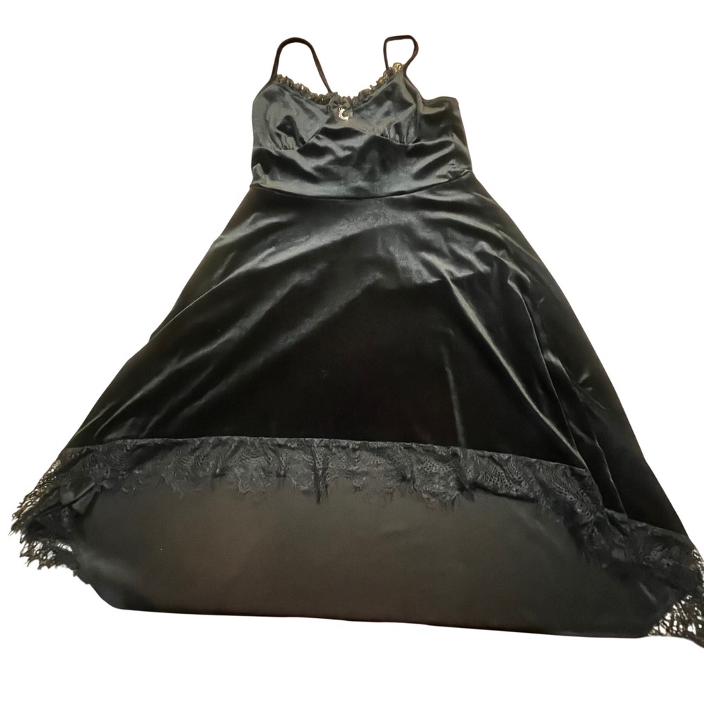 Black Velvet Gothic Cami Dress Lace Trim Crescent Moon Charm Large‎